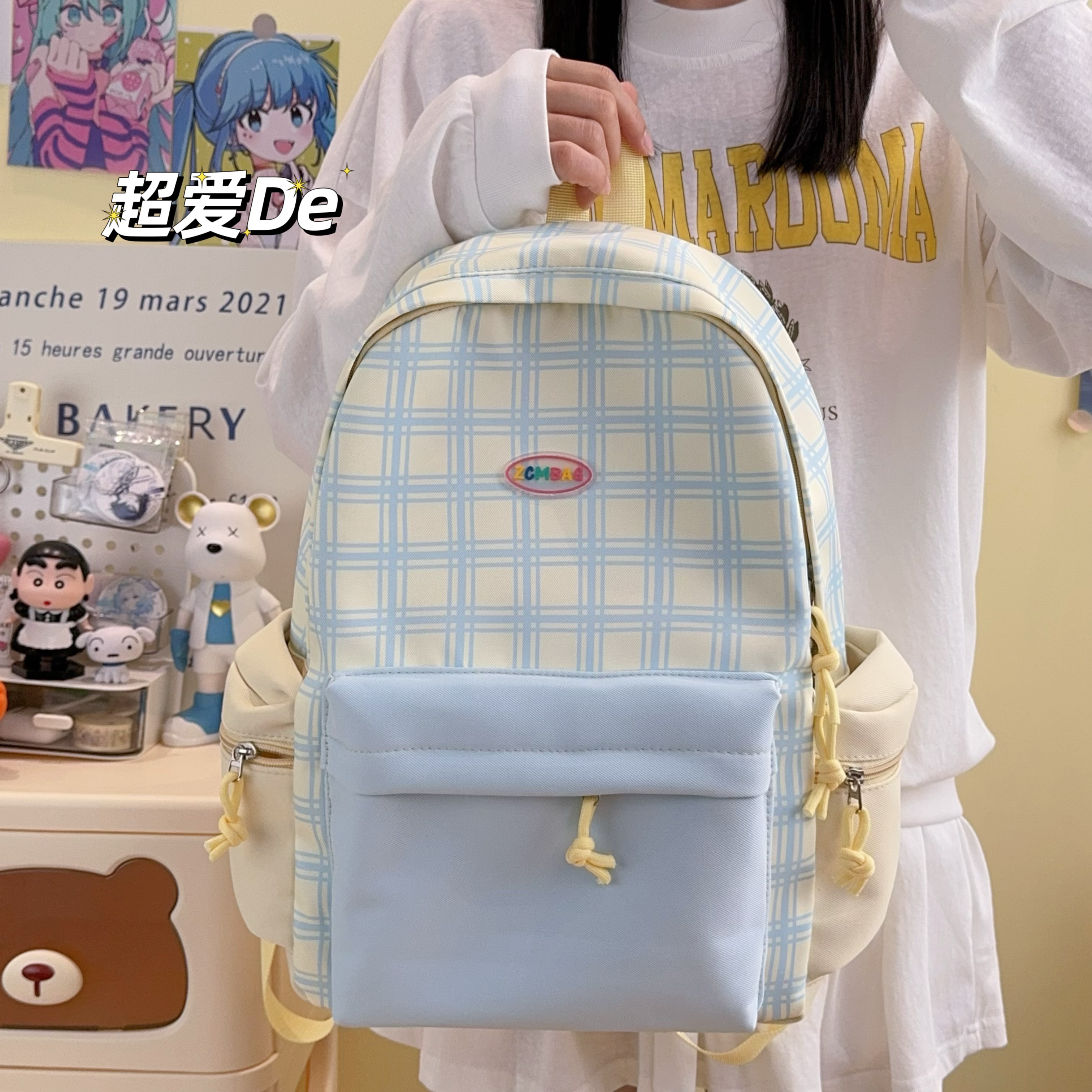 小清新可爱书包女新款格子撞色百搭背包大学生初中高中女生双肩包
