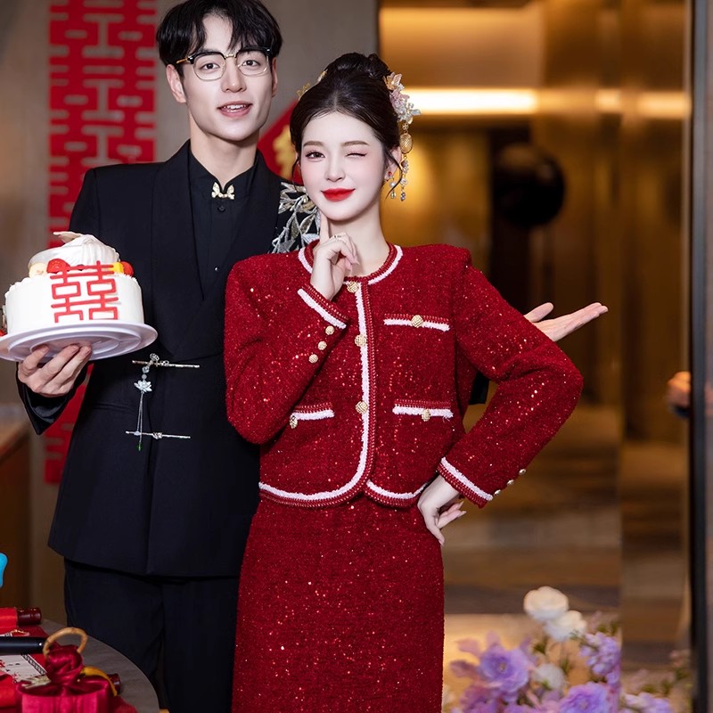 小香风套装2025年新款秋冬外套红色结婚回门服订婚礼服新娘敬酒服