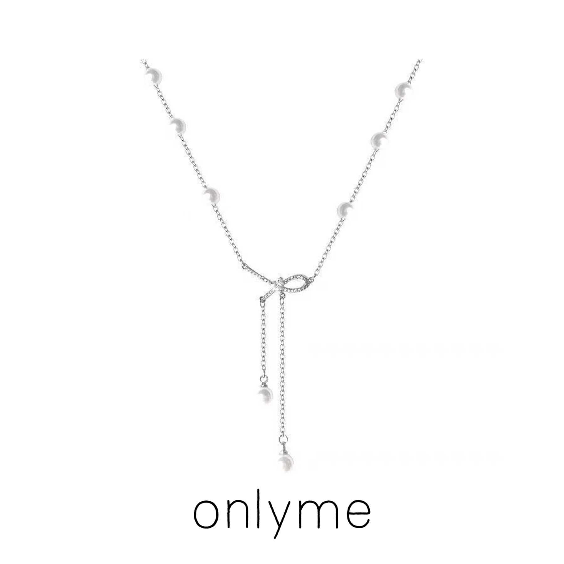 钛钢项链 《珍海涟涟》仿珍珠锆石蝴蝶结设计流苏气质时尚坠链项链