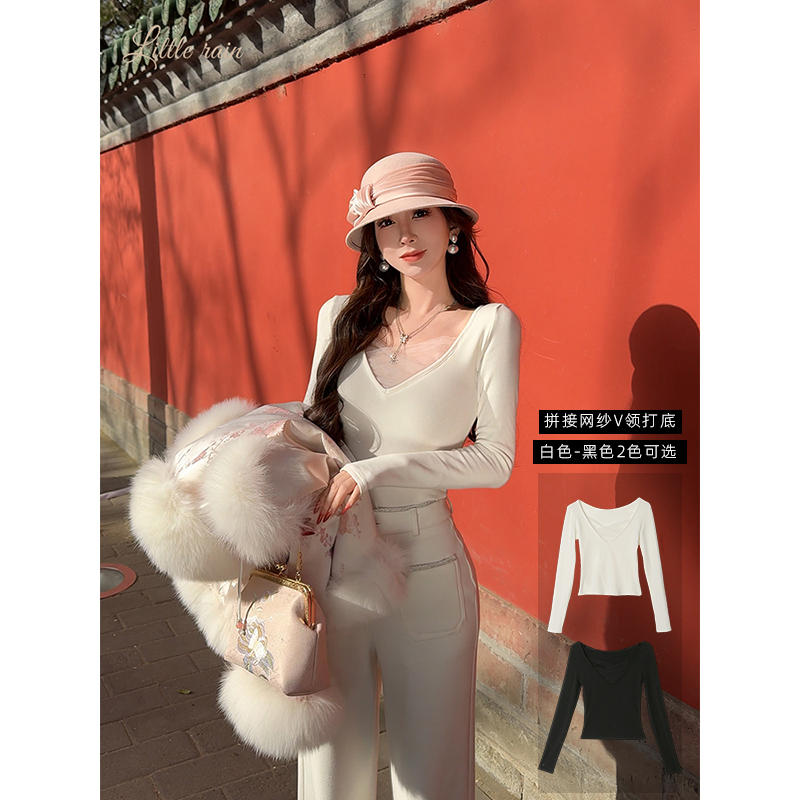 小雨姐姐【纱窥心机】拼接网纱v领磨毛内搭性感小心机上衣打底衫女
