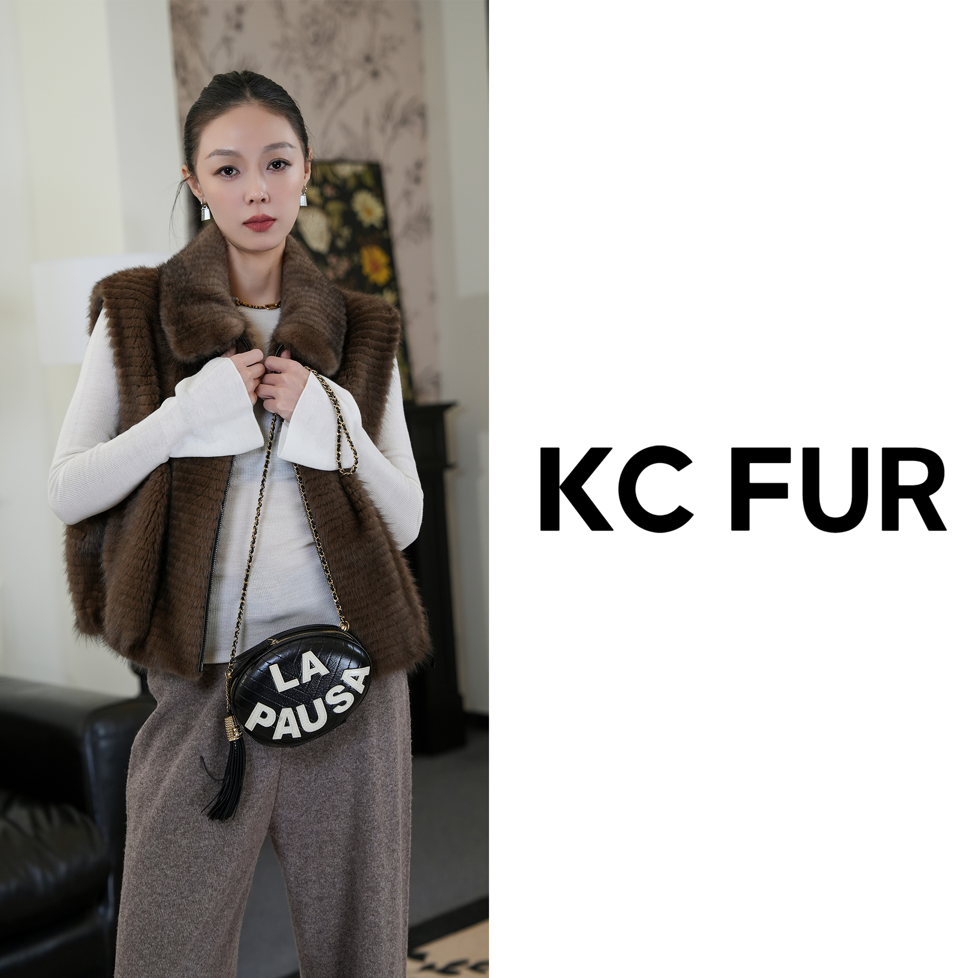 KC【天然皮草】短款翻领拉链款无袖水貂皮草马甲48cm-1930