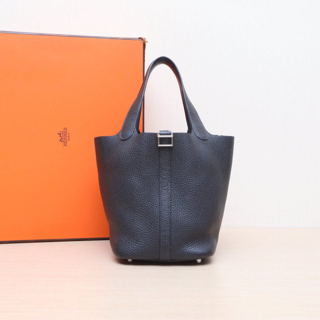 95新 Hermes/爱马仕 小花黑黑 菜篮子 18 89黑色 TC皮 Y刻 银扣包