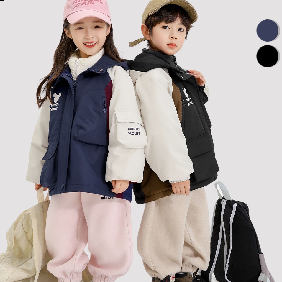 Disney/迪士尼女童秋冬季加绒外套儿童冲锋衣男童连帽防风派克服