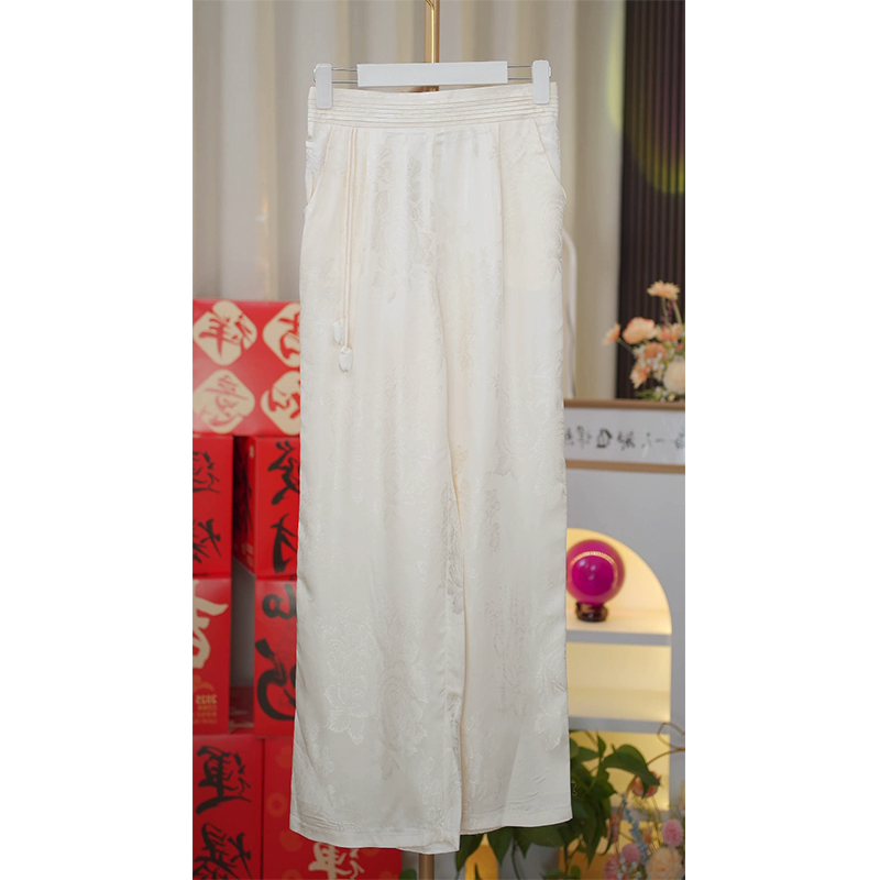 花苞真丝裤-新中式重磅缂丝提花女显瘦直筒裤阔腿裤