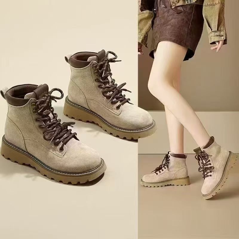 增高马丁靴厚底四季通用复古百搭中跟交叉绑带圆头