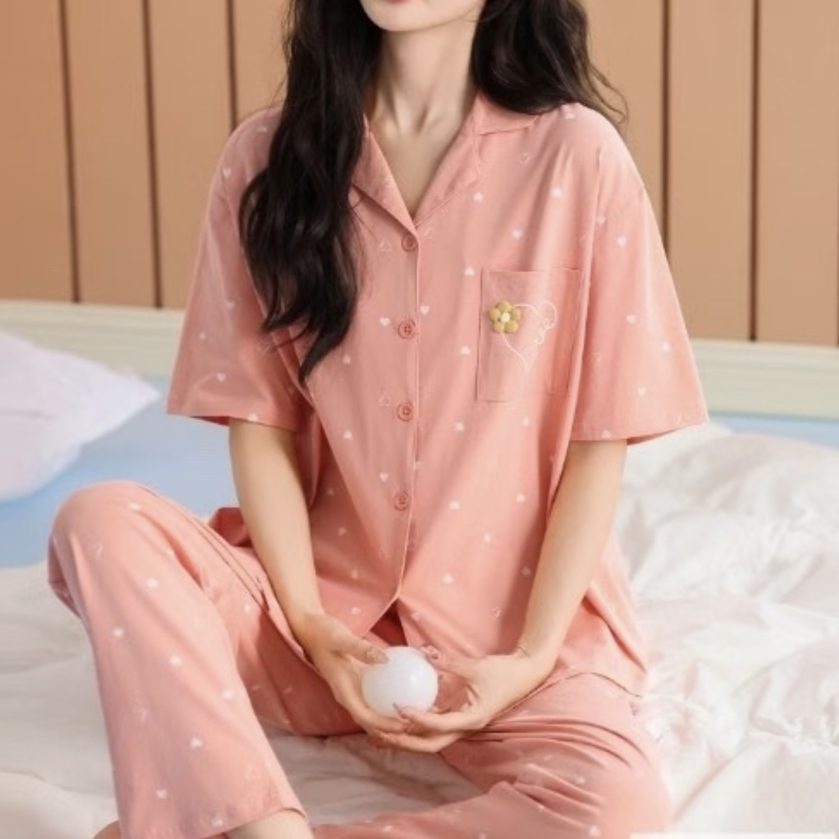 新款棉莱卡短袖长裤套装舒适休闲宽松女家居服纯棉睡衣