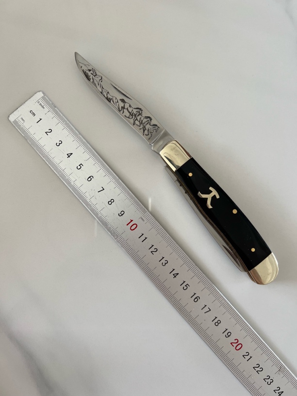外贸尾单 黑牛角柄蚀刻印花 无锁折叠家用水果刀