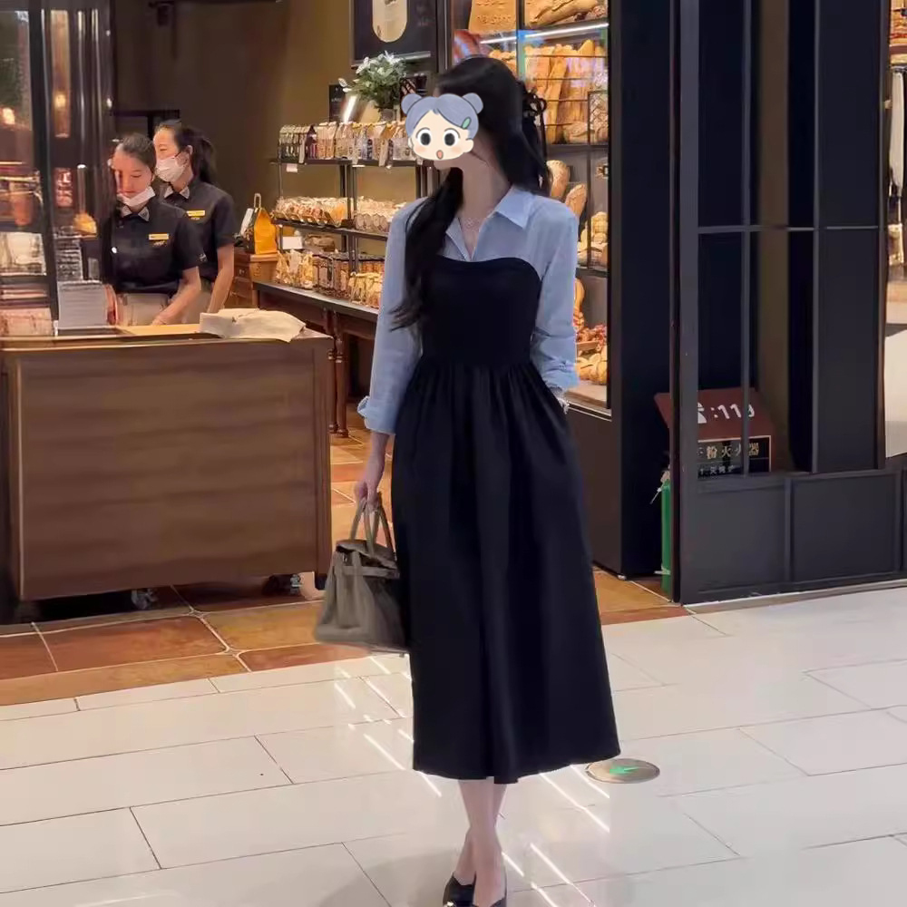 初秋装2025年新款女装假两件衬衫黑色连衣裙子女早秋季气质连衣裙