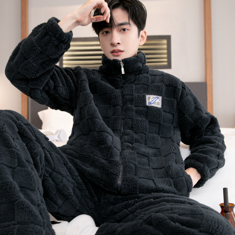 珊瑚绒睡衣男士秋冬款加绒加厚保暖法兰绒冬季拉链大码家居服套装