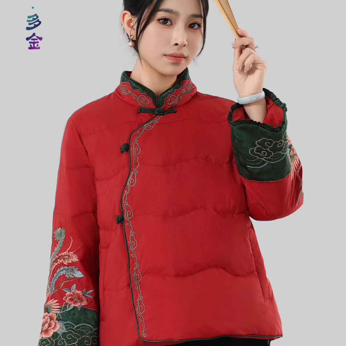 炫织梦多金2025冬新3392款复古中式盘扣立领斜襟刺绣微喇袖羽绒服
