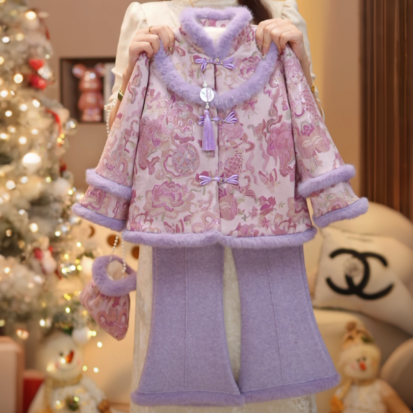 米小逗HY女童紫色拜年服加绒国风刺绣女宝外套加绒过年服套装m302