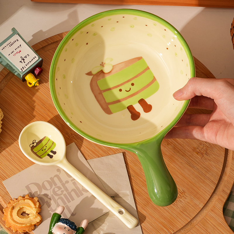 【手柄碗+勺】茶语甜心油风手把碗少女心汤碗勺陶瓷餐具家用釉下彩