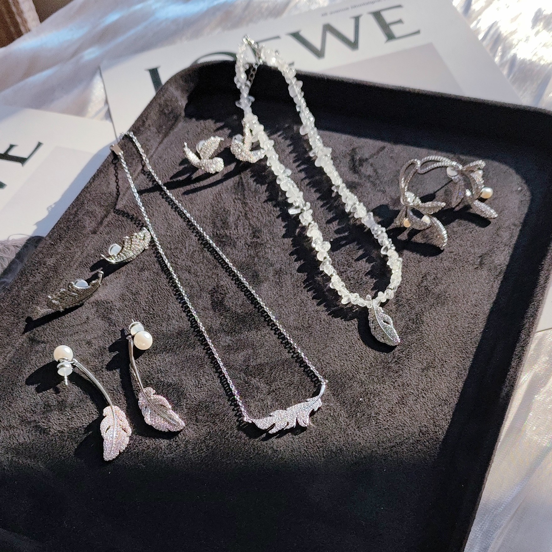 铜合金合成锆石项链 （盒子）羽毛轻奢时尚项链精致耳饰气质开口戒