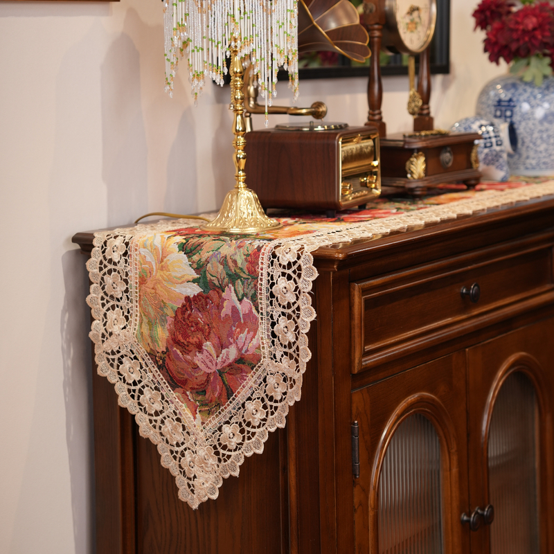 花海美式复古蕾丝桌旗餐桌布法式复古高级感轻奢高端茶几长条盖布