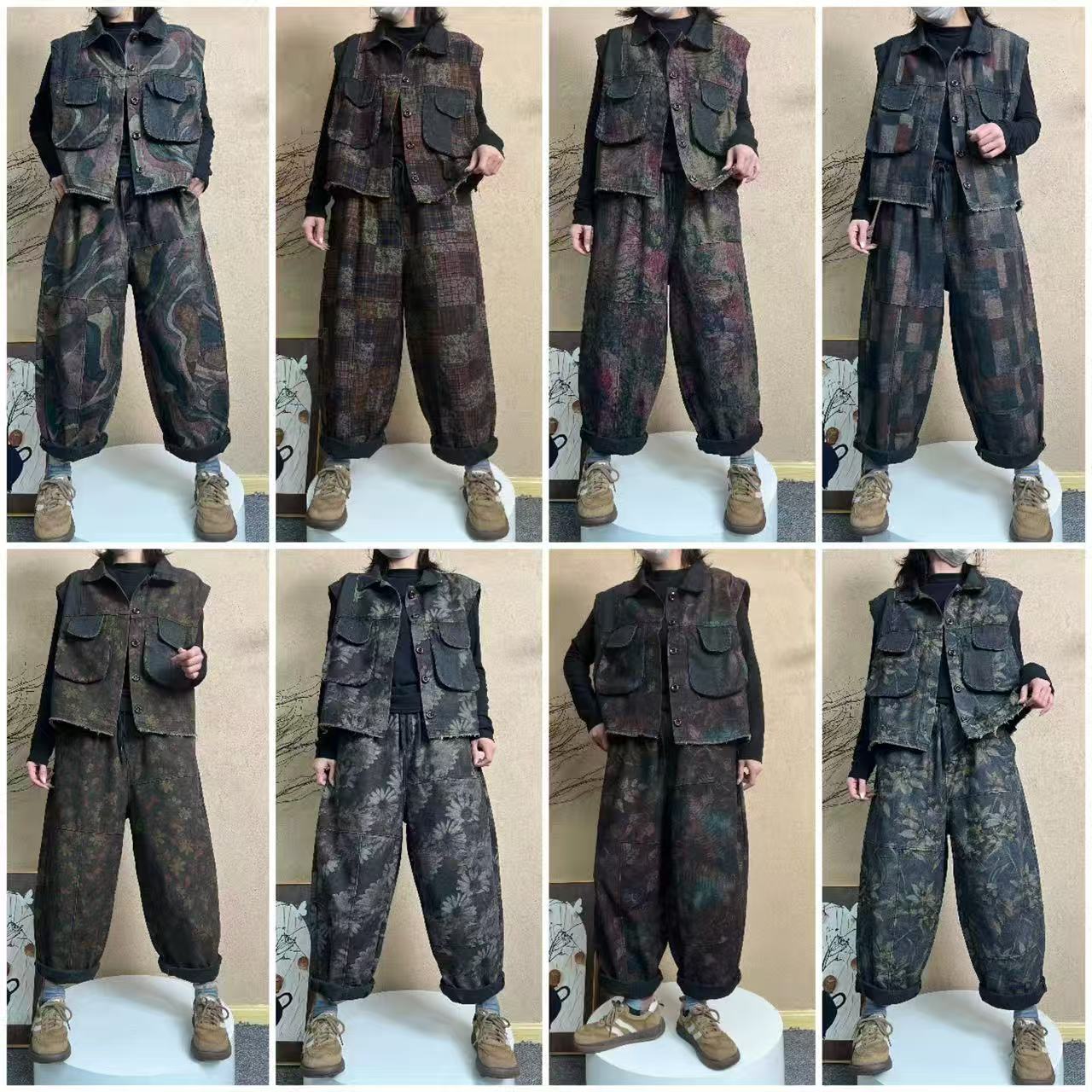 复古文艺牛仔印花套装坎肩翻领马甲外套女+时尚高腰哈伦裤819
