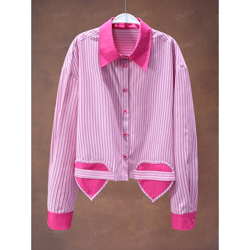 【韩哥女装】2025秋季新品欧版设计初荷粉条纹拼贴爱心时尚衬衣9895