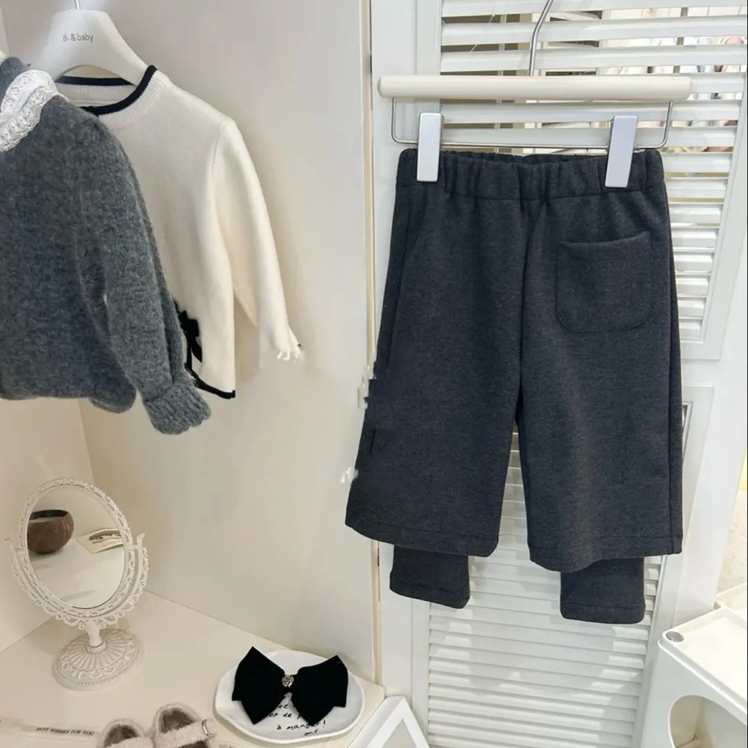 儿童冬季新款裤子男女童假两件加绒加厚毛呢裤秋冬洋气阔腿裤裤子