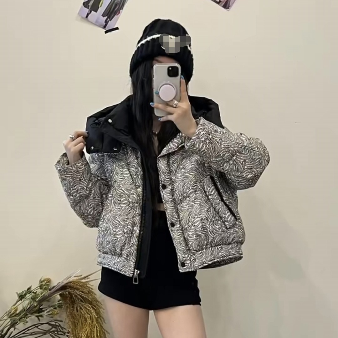 <XYG>欧货撞色碎花连帽短款90羽绒服
