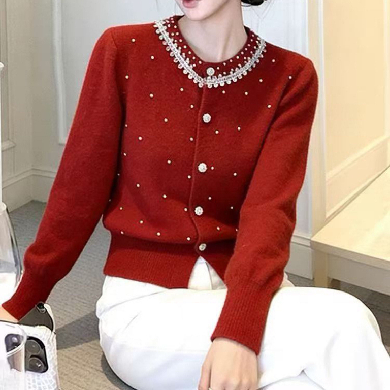 秋季新款小香风重工钉珠针织开衫女洋气显瘦百搭外套