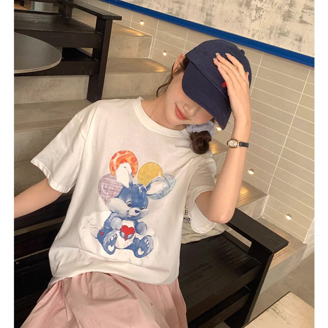 新款大码D70美式卡通可爱印花短袖T恤时尚减龄宽松百搭上衣