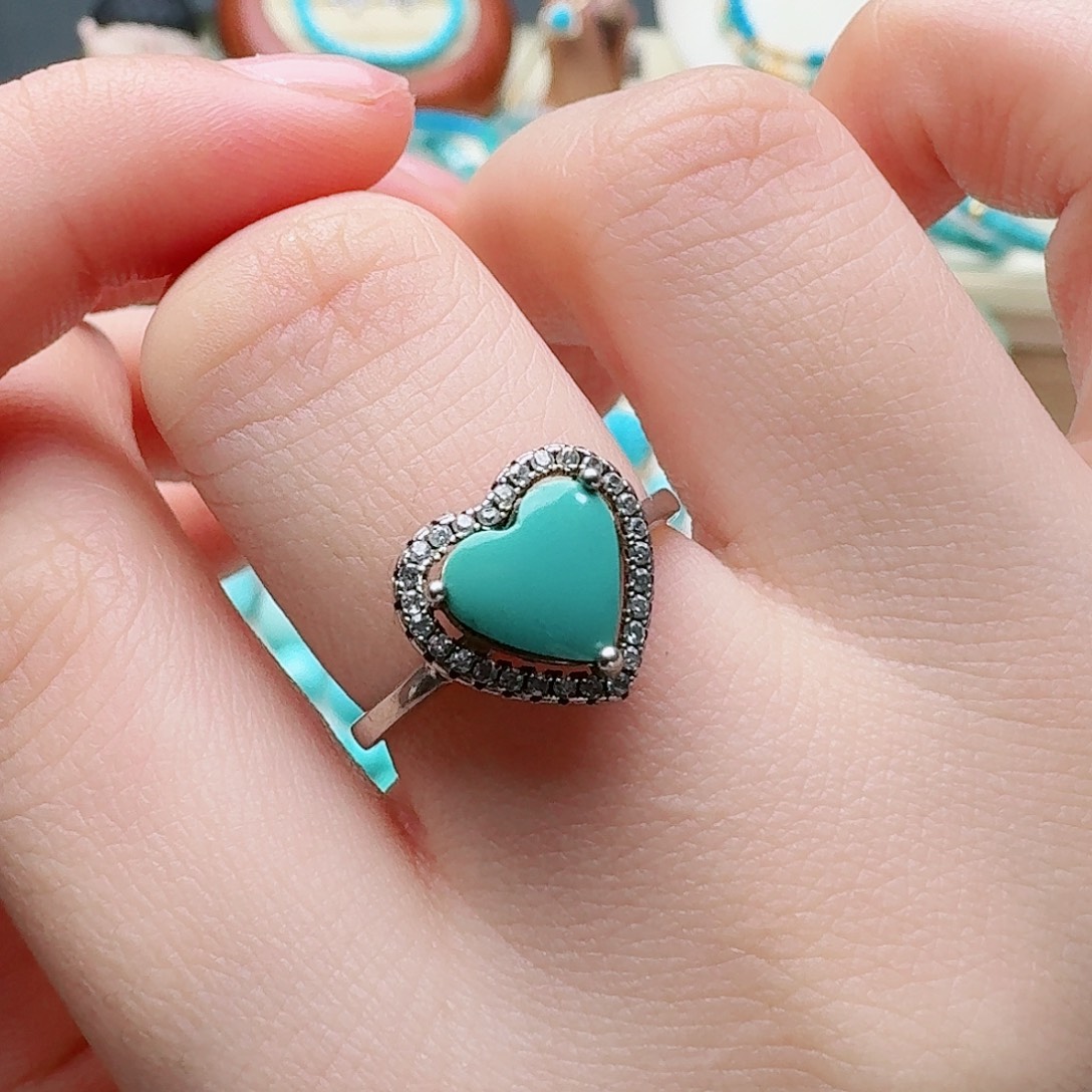 绿松石银S925镶嵌高瓷绿爱心女戒