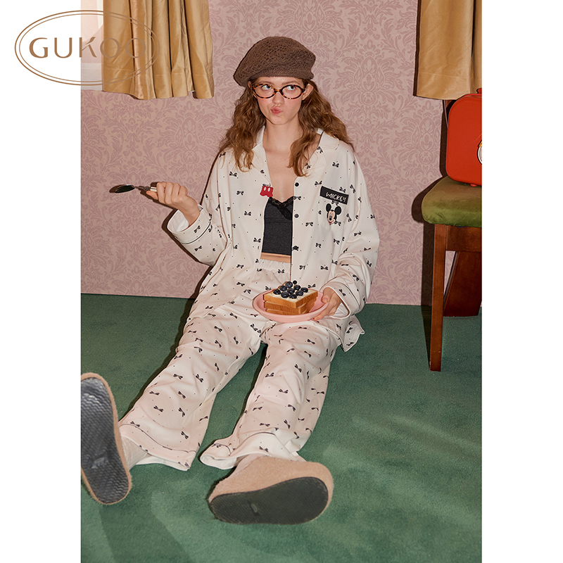 Gukoo果壳春季迪士尼米奇联名纯棉少女休闲蝴蝶结满印家居服套装