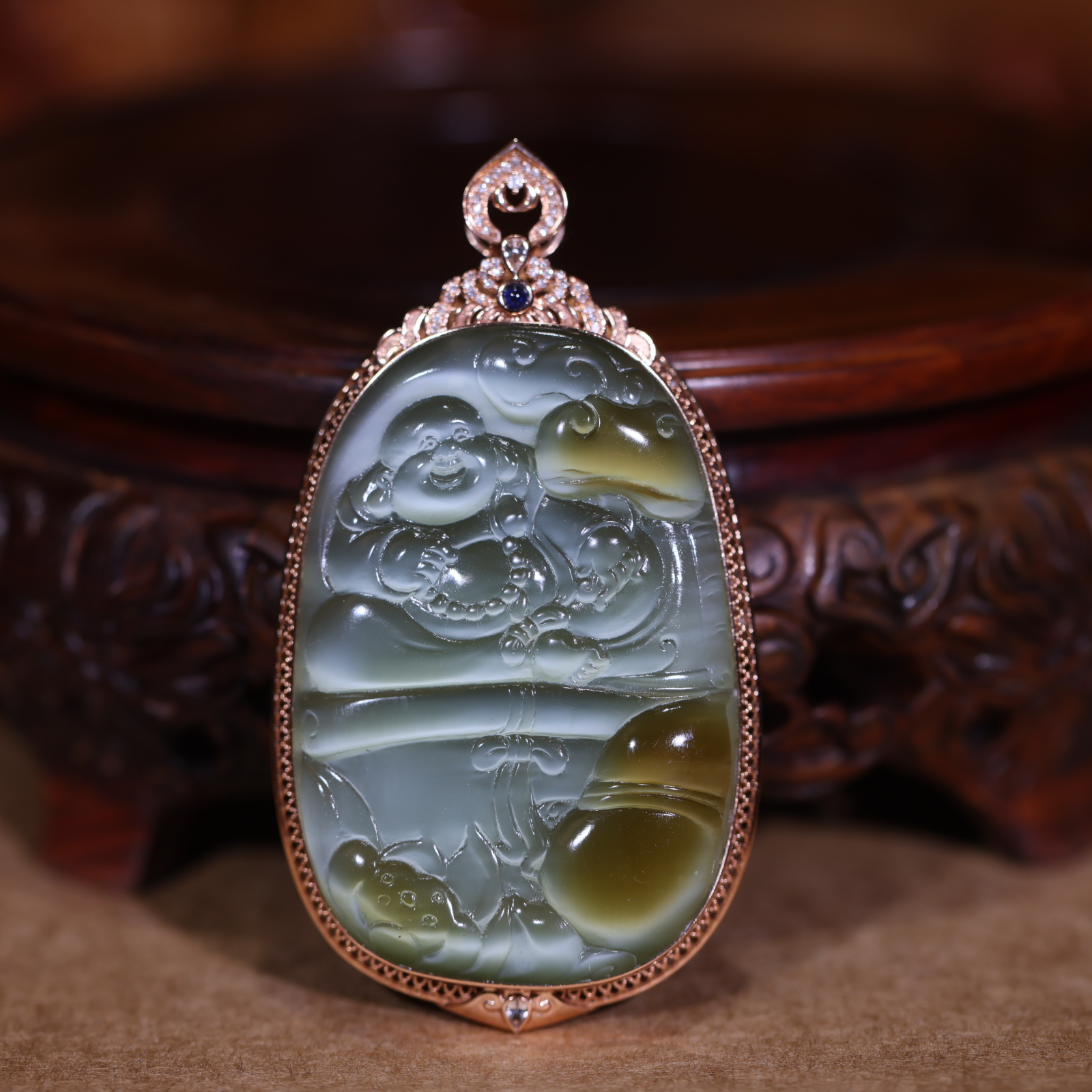 【新疆马爷珠宝】碧玉猫眼镶金佛公吊坠挂件