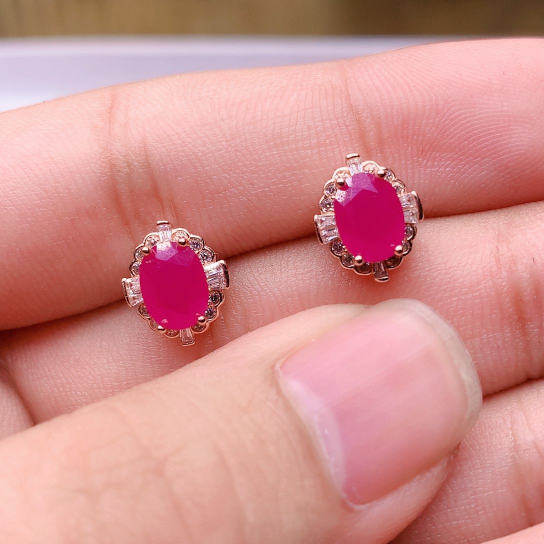 红宝石耳饰银S925镶嵌