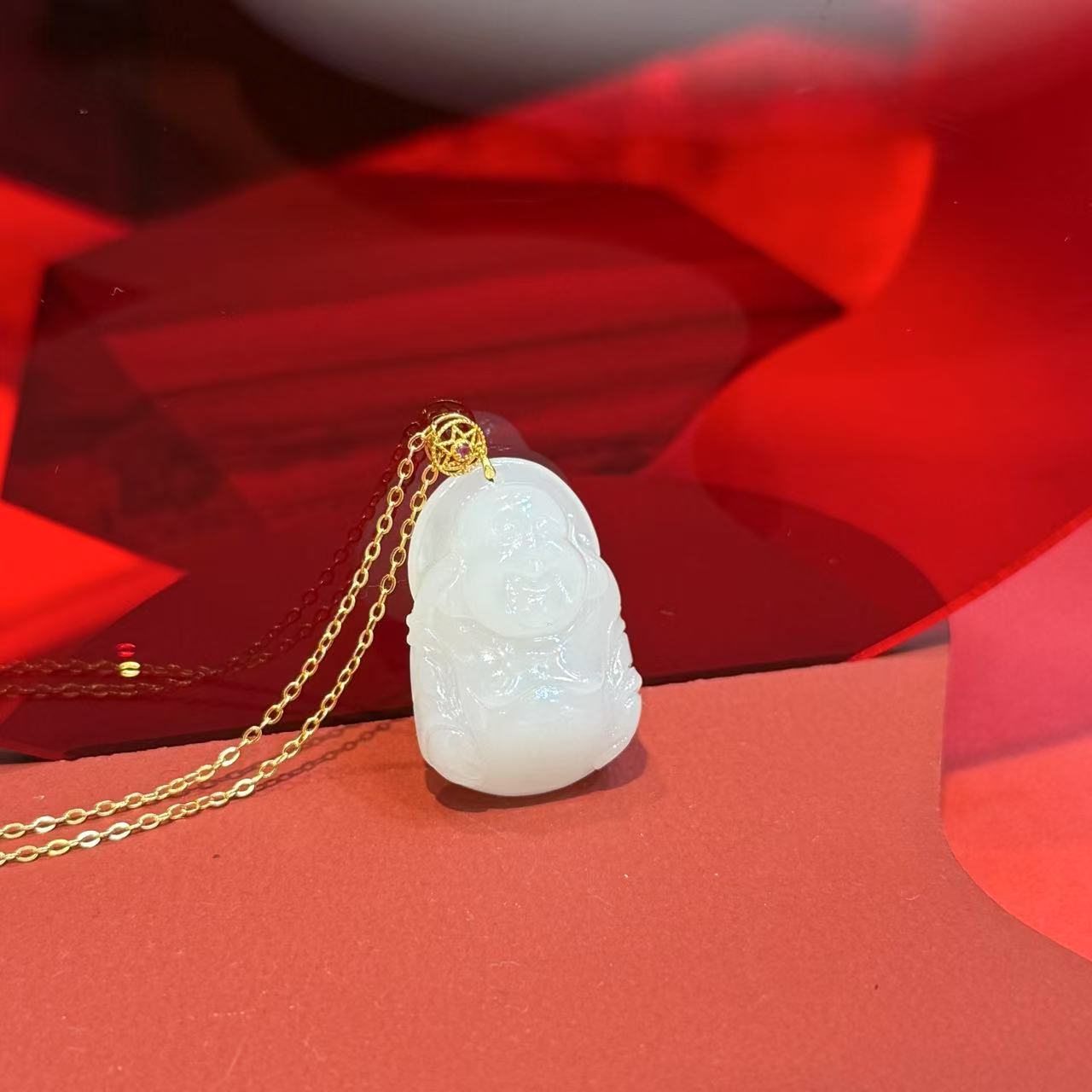 【招财佛】18K金扣头28*20*10mm白玉佛吊坠HNZ12378
