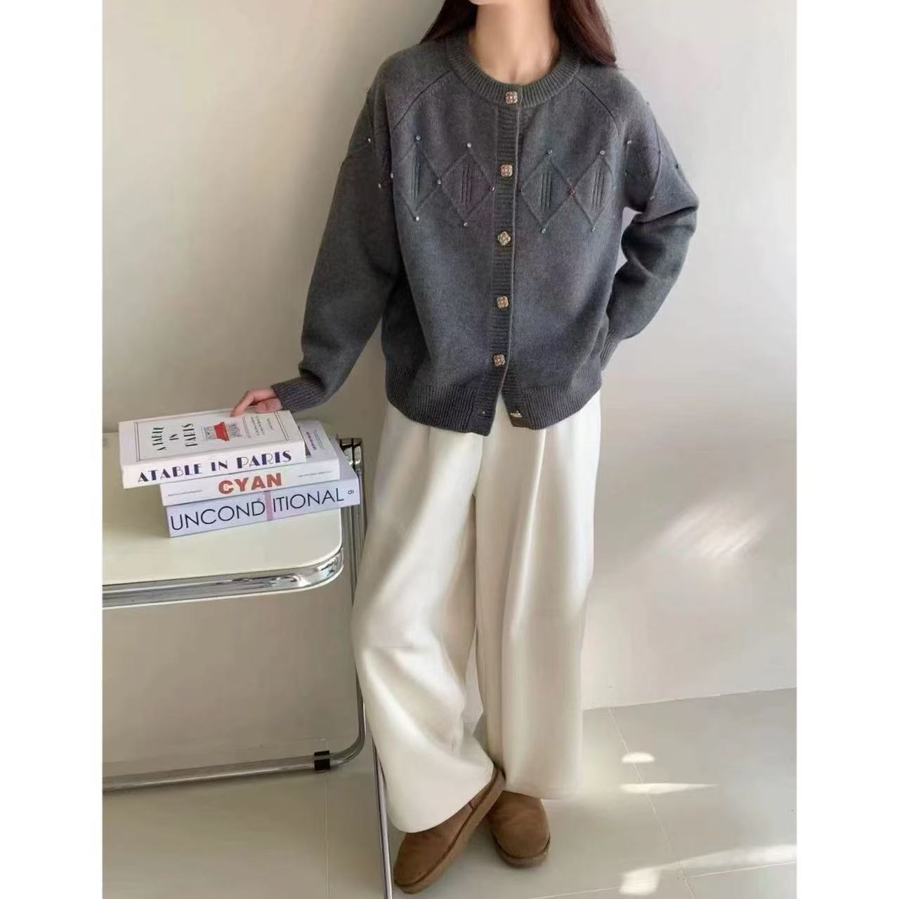 【彩钻灰】长袖网红百搭连帽宽松加厚秋冬毛衣开衫