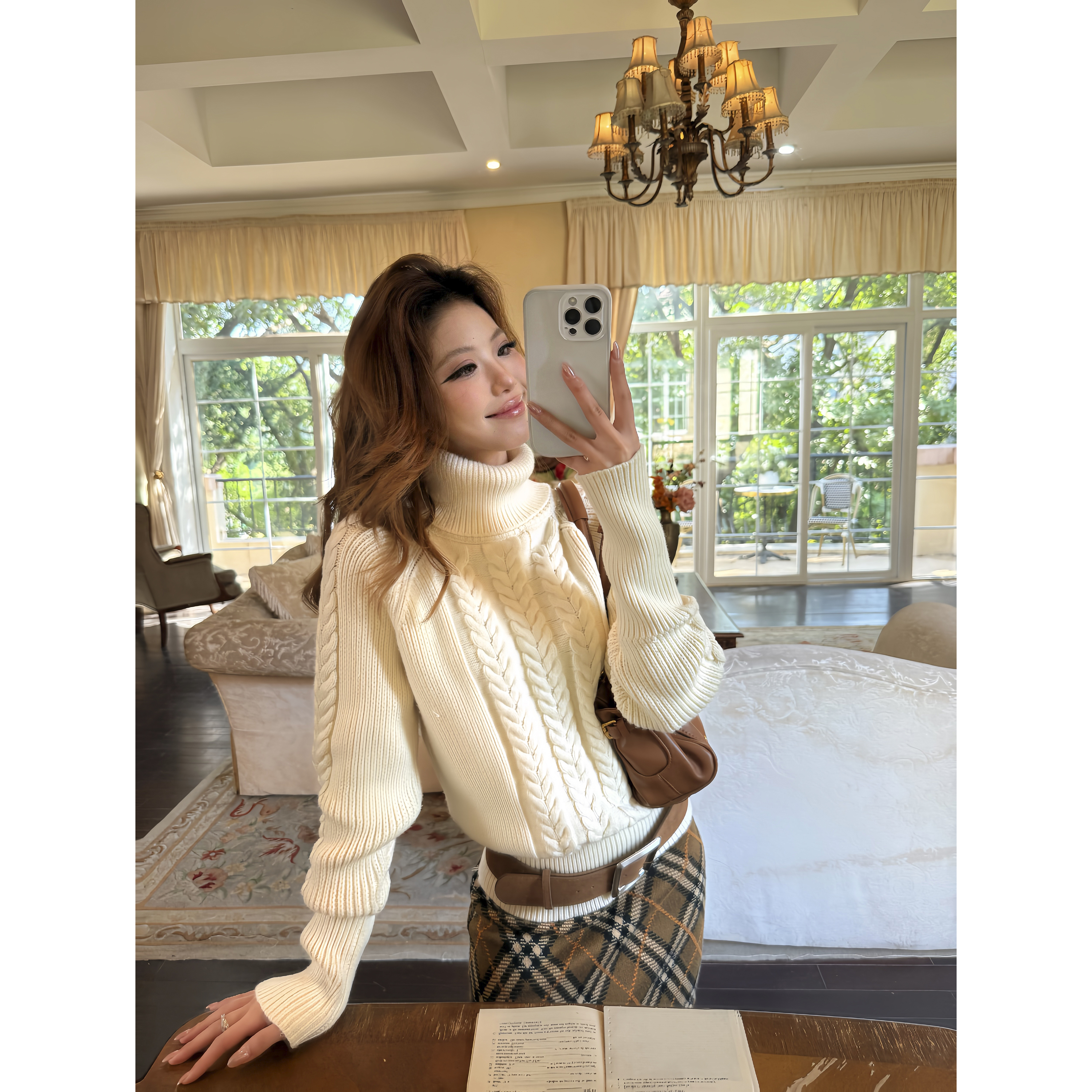 Lekii 设计感编制半高领毛衣宽松百搭女秋冬保暖毛织上衣KXJ90360