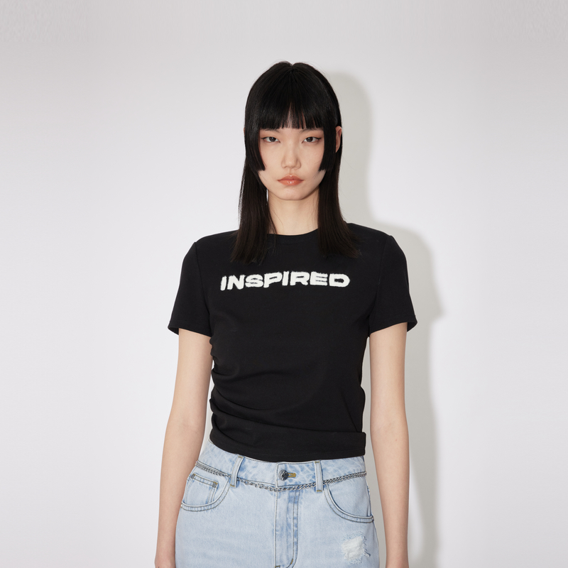 【达人专属】REVAN芮范层次感抽褶黑色短袖T恤RM31001002