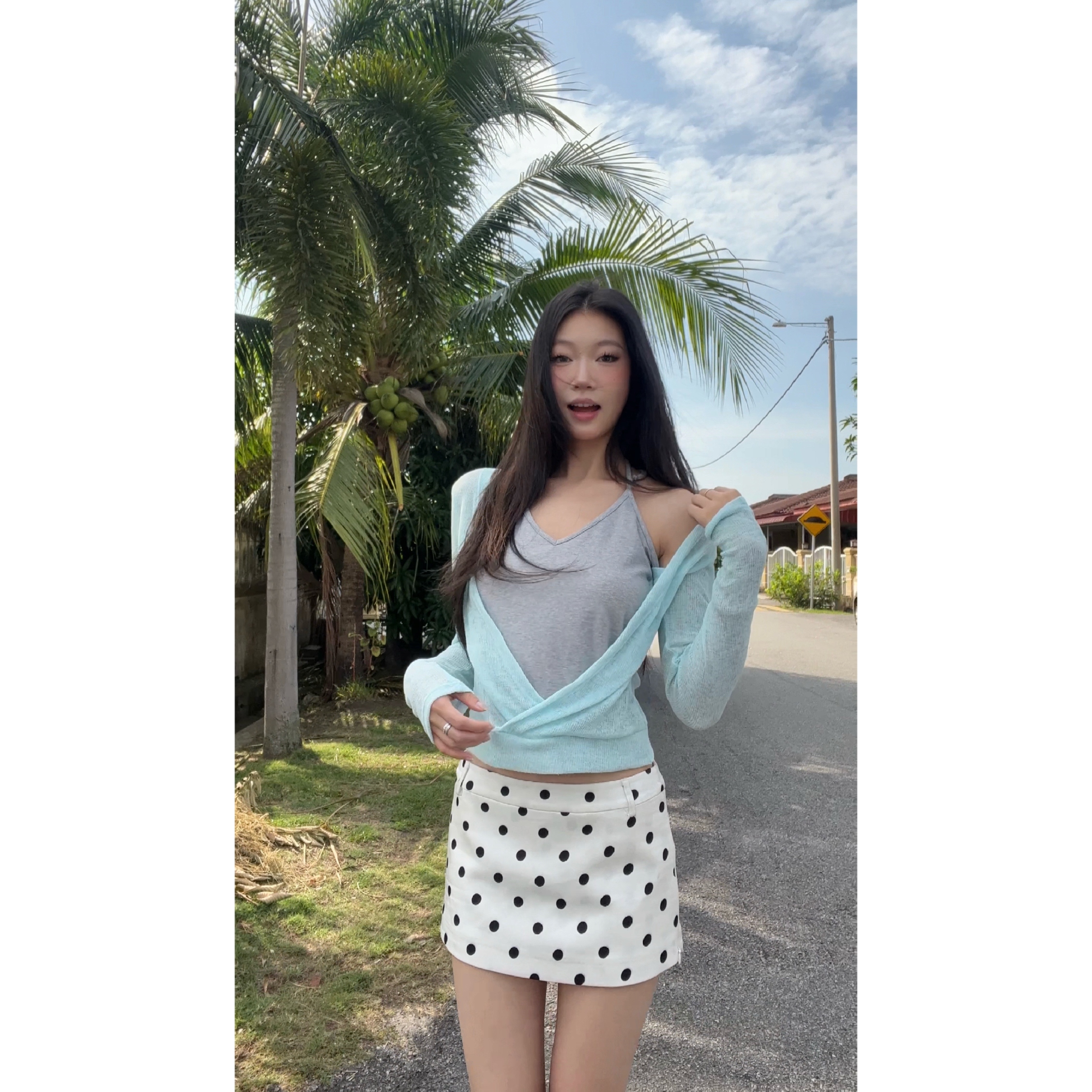 withmin凉皮 清爽计划 薄款V领夏假两件吊带罩衫长袖上衣2523268