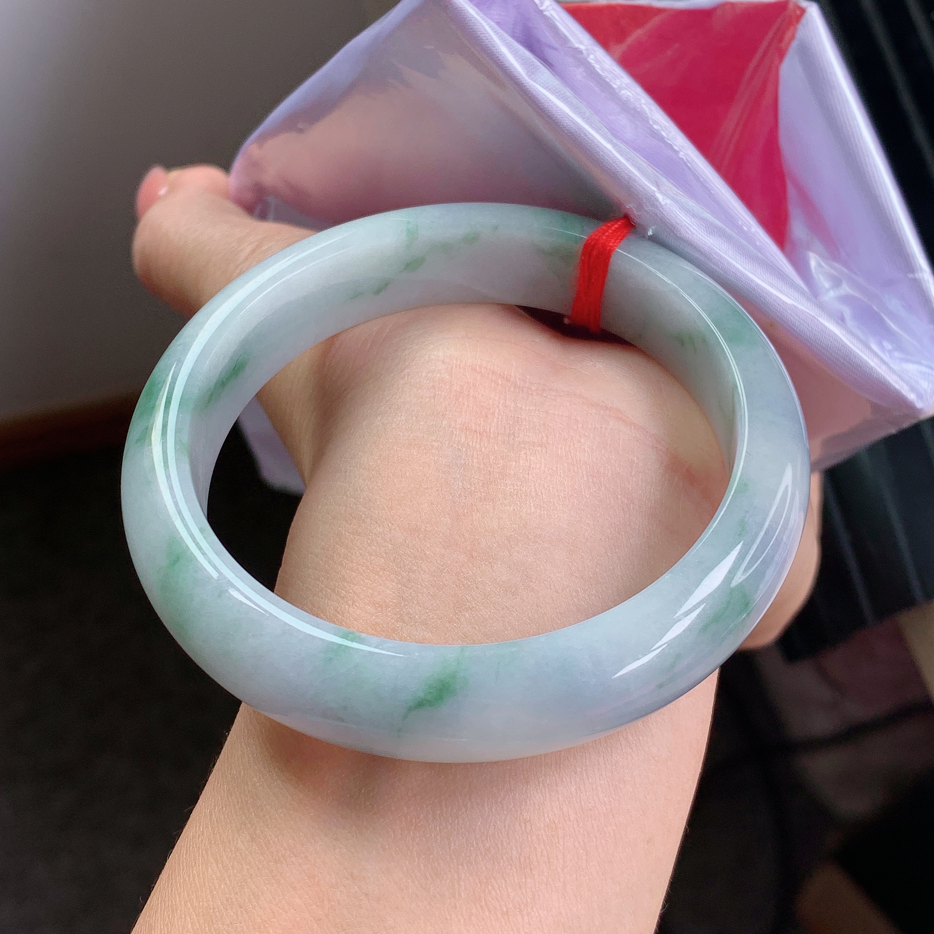 天然翡翠A莫奈花园手镯有紫有花有纹5859圈口1007号女款