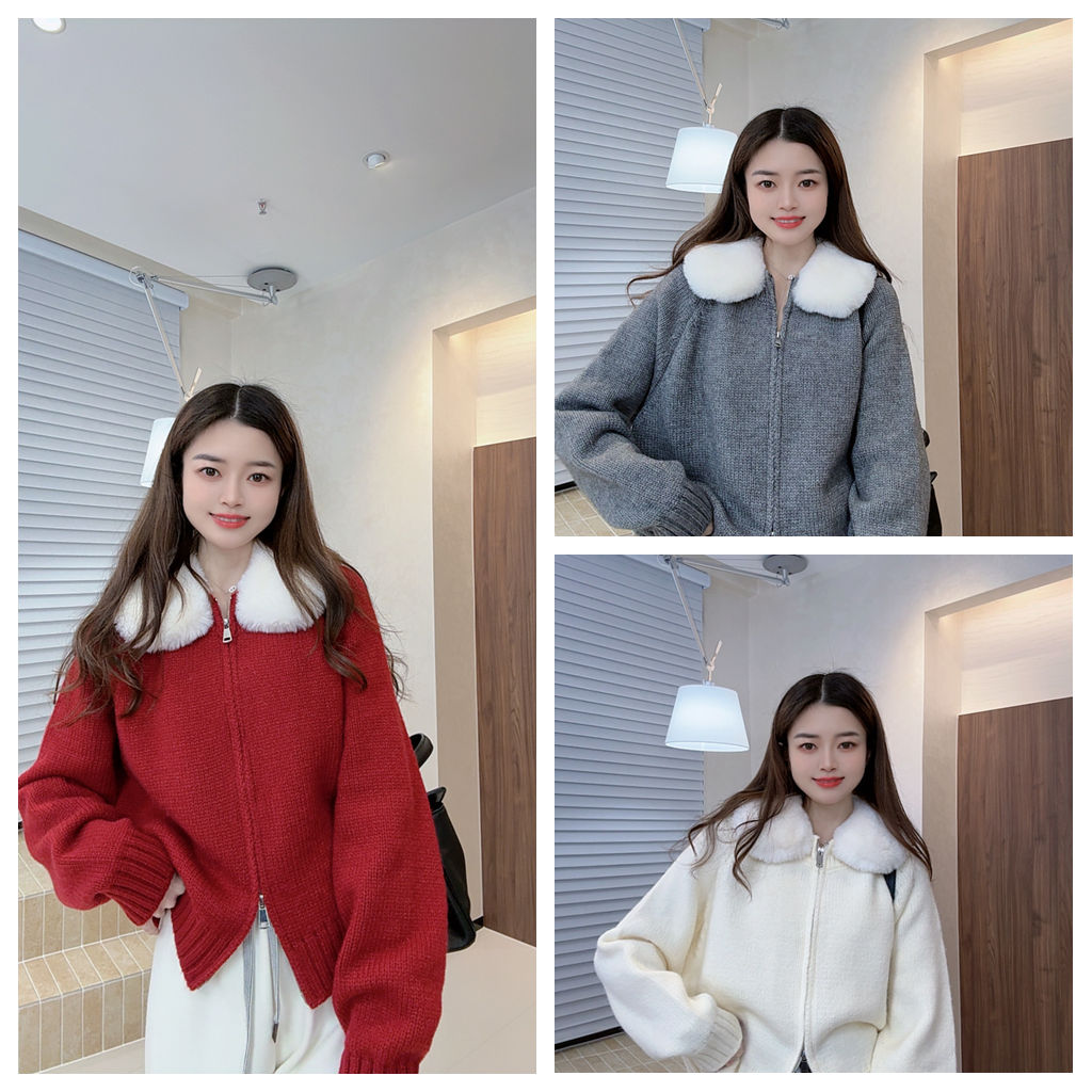 【ZMMY严选私服】冬季新款韩系圆领毛毛领双拉链纯色开衫K5122903