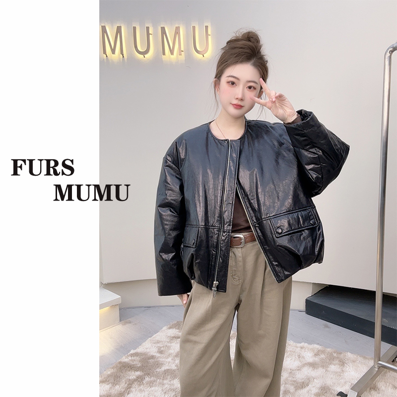 【MUMU】真皮绵羊皮鹅绒羽绒服皮衣外套女短款黑色立领百搭保暖1128