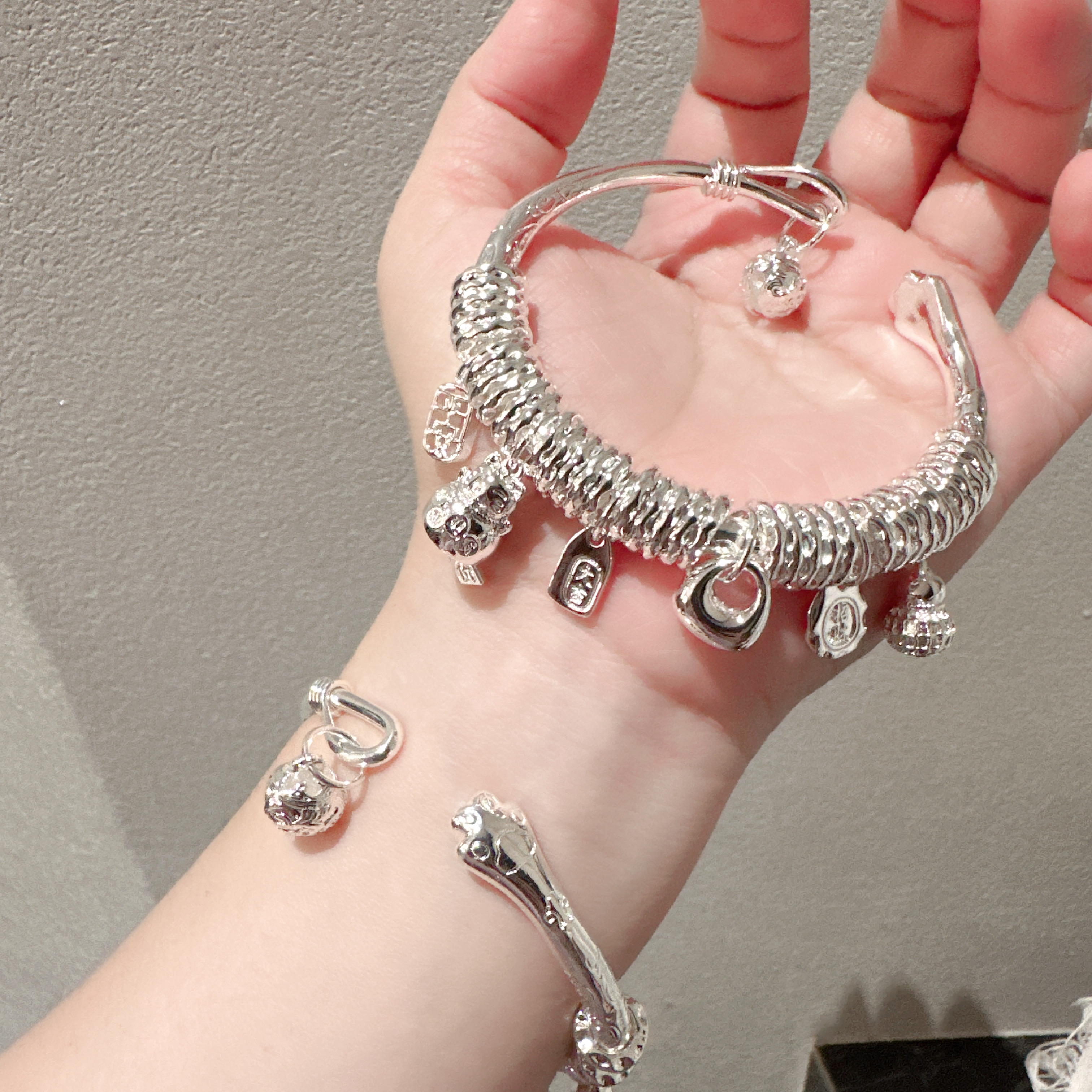 足银手镯 A38新款吉言盘缠手镯猫爪带吊坠高级感设计手工镯时尚