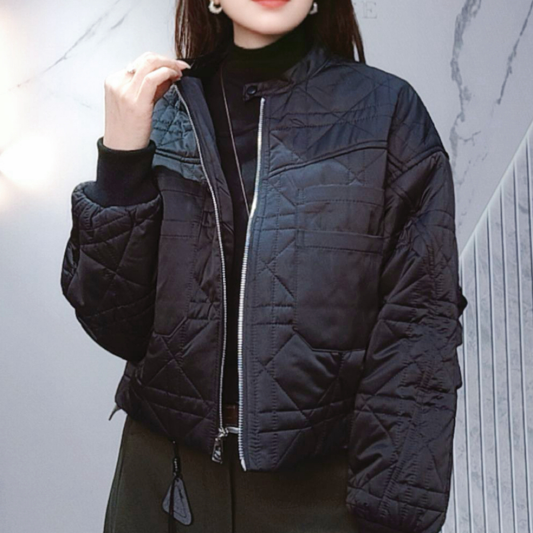 【玫瑰缘】百搭休闲简约时尚休闲个性长袖压花格子棉衣短款外套