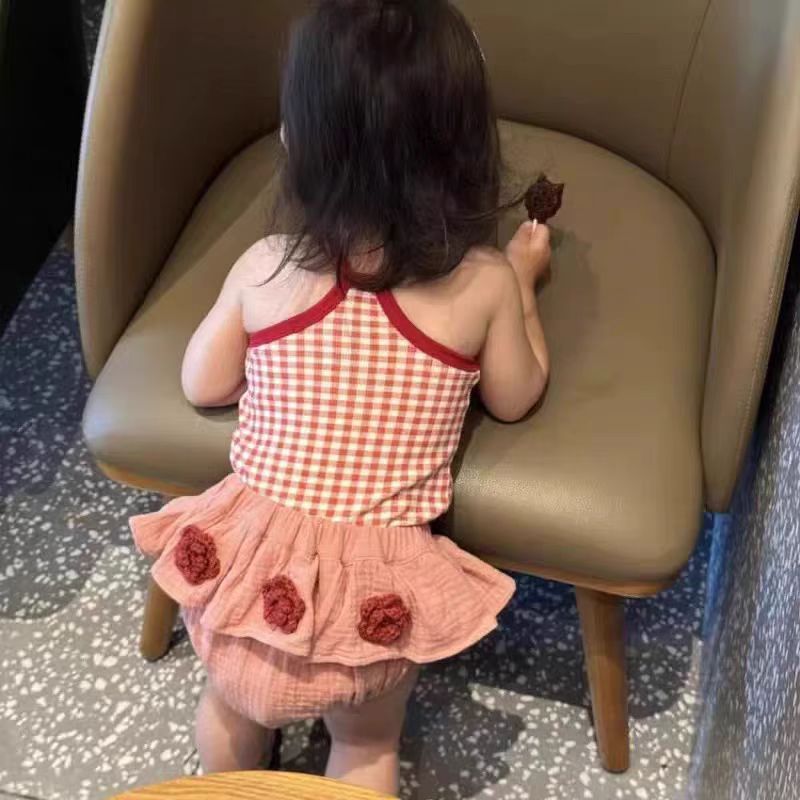 新款夏季红格子花朵两件套洋气宝宝公主