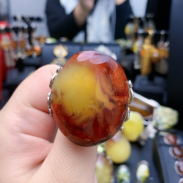 琥珀裸石银S925镶嵌戒指
