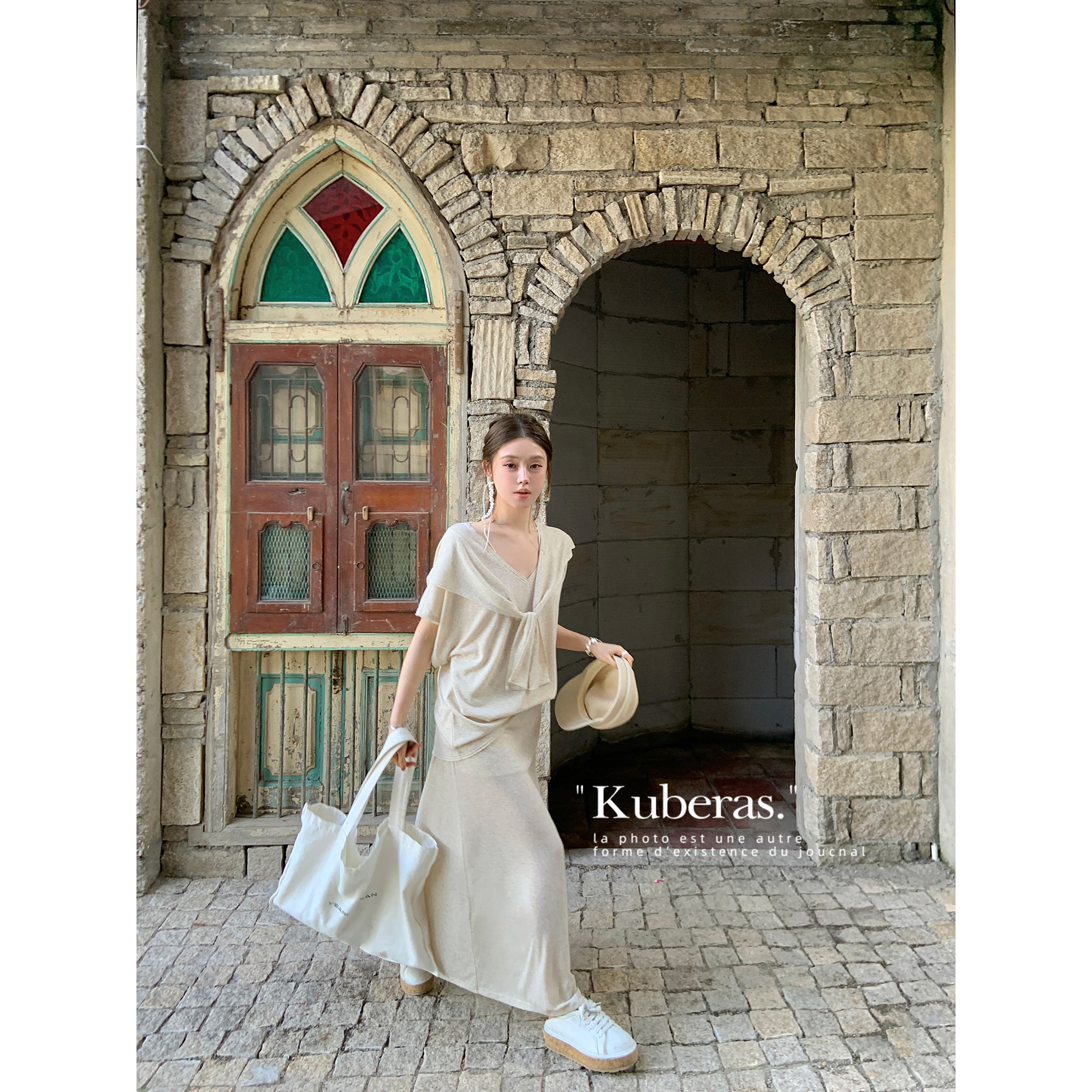 KUBERAS 松弛感冰丝麻针织宽松V领短袖T恤披肩两件套短裤长裙套装