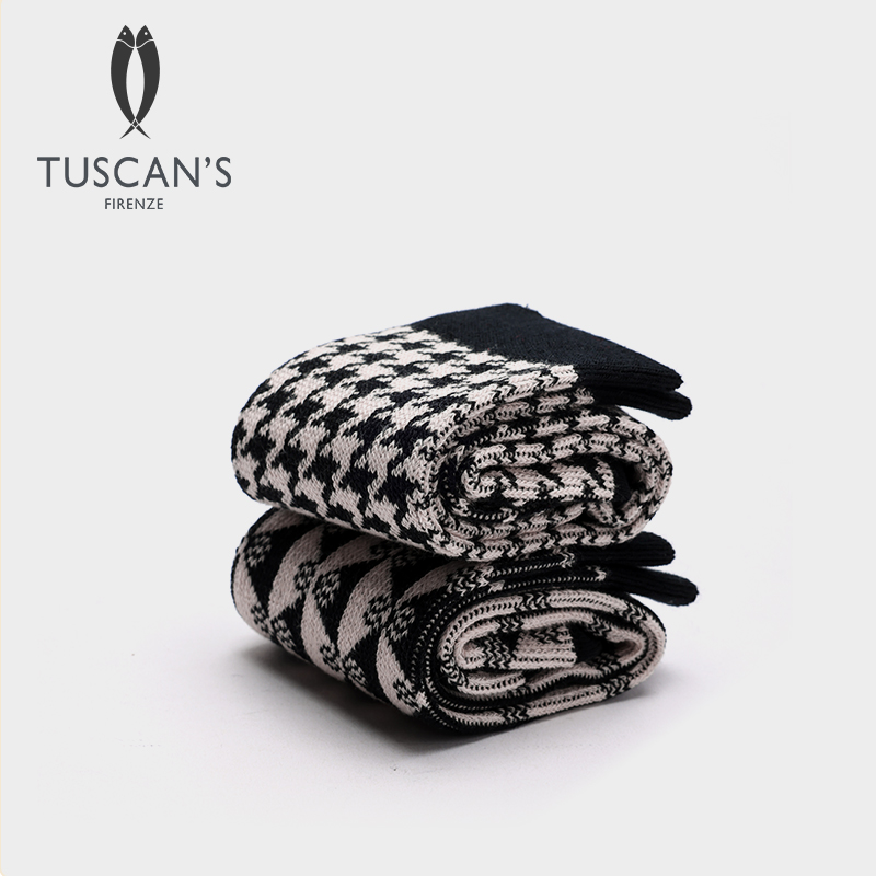 TUSCAN'S CREATIONS千鸟格提花舒适女袜子秋冬时尚中筒袜时代双鱼