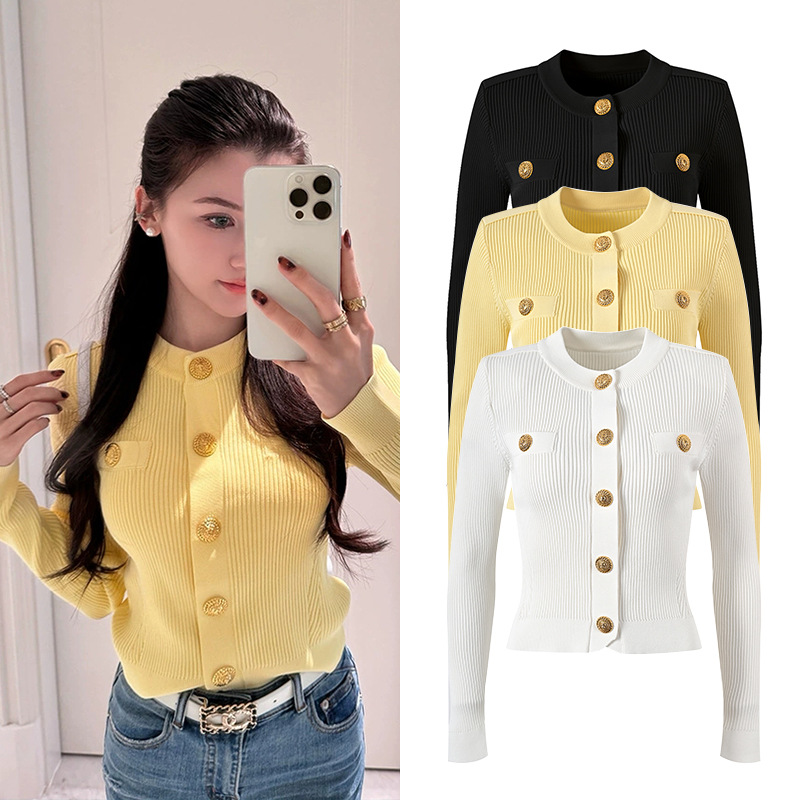 法式轻奢名媛短款金属扣纯色外套修身显瘦内搭开衫女2025春季款女