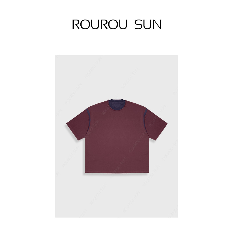 23831时尚纯色短袖T恤女宽松百搭拼色圆领上衣