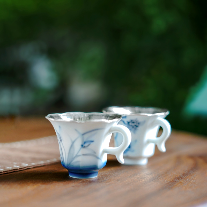 纯银999纯手工银茶杯手绘釉下彩包银杯主人杯品茗杯家用茶杯 知盈