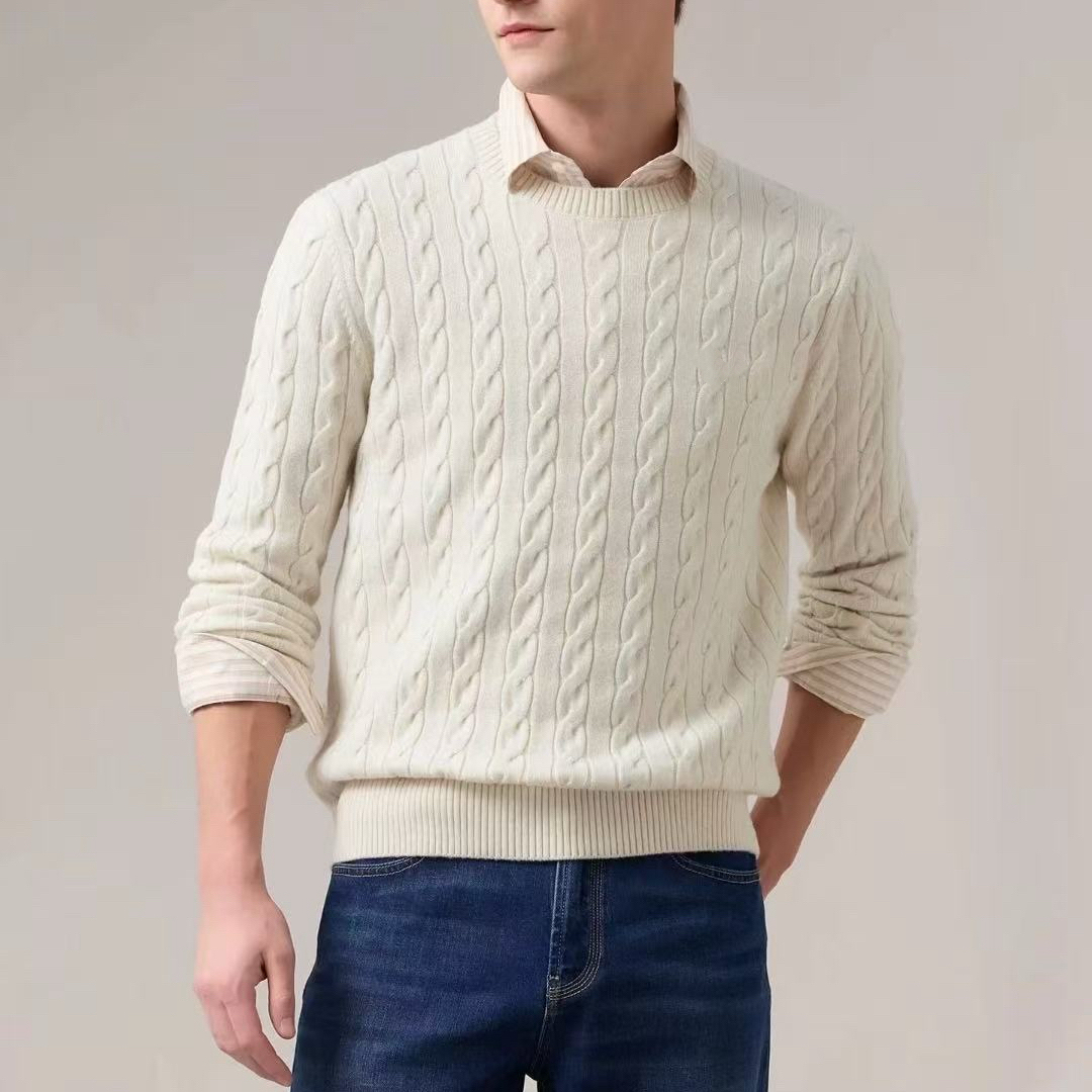 鱼仔仔秋冬圆领男士套头针织羊绒混纺毛衣