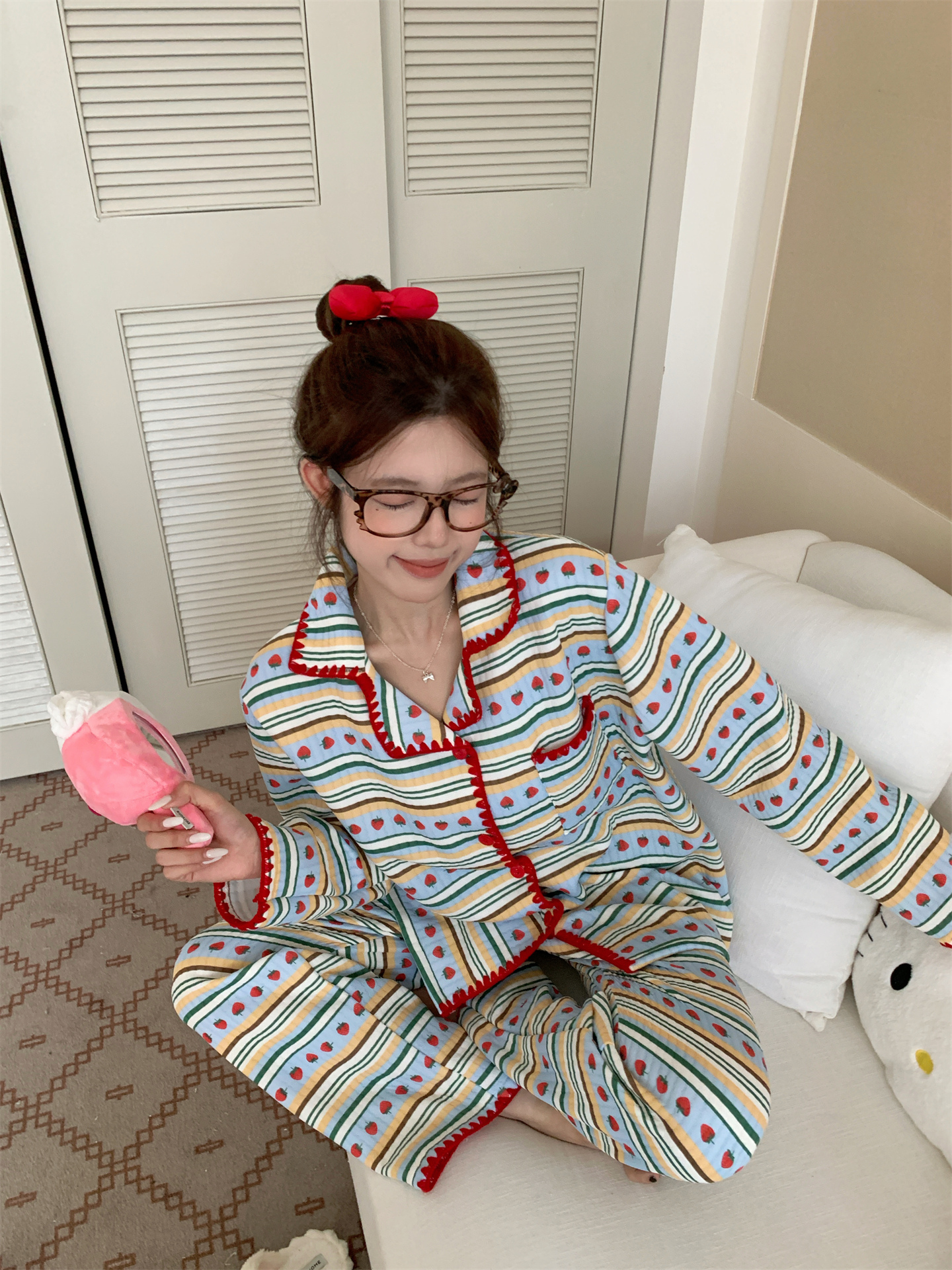 2025年空气棉 秋冬季睡衣女条纹加厚保暖卡通多巴胺甜美家居服
