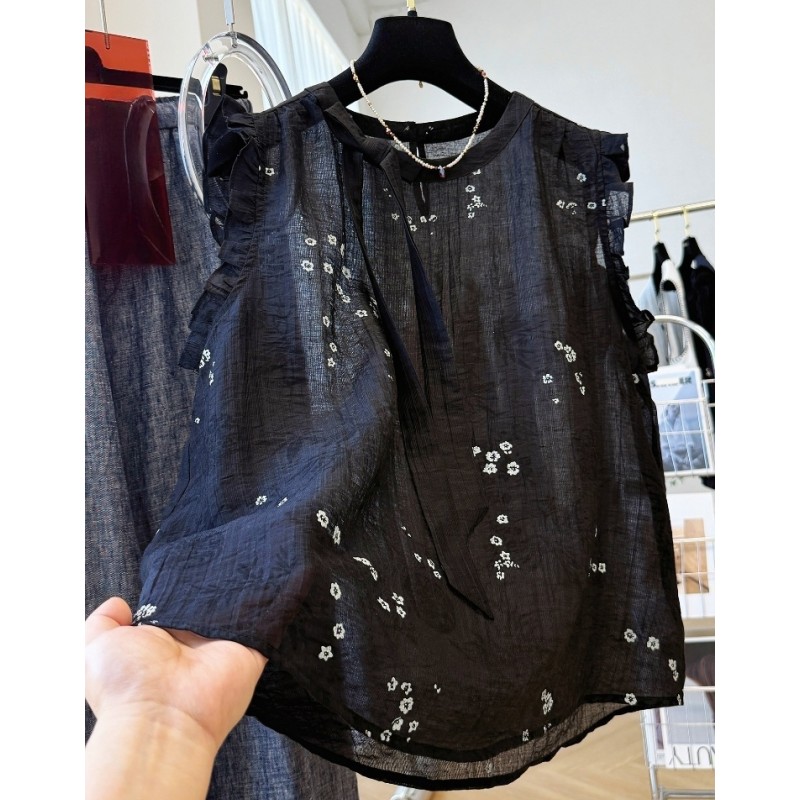 P0308韩系减龄复古印花木耳边小飞袖蝴蝶结外穿马甲背心女夏季