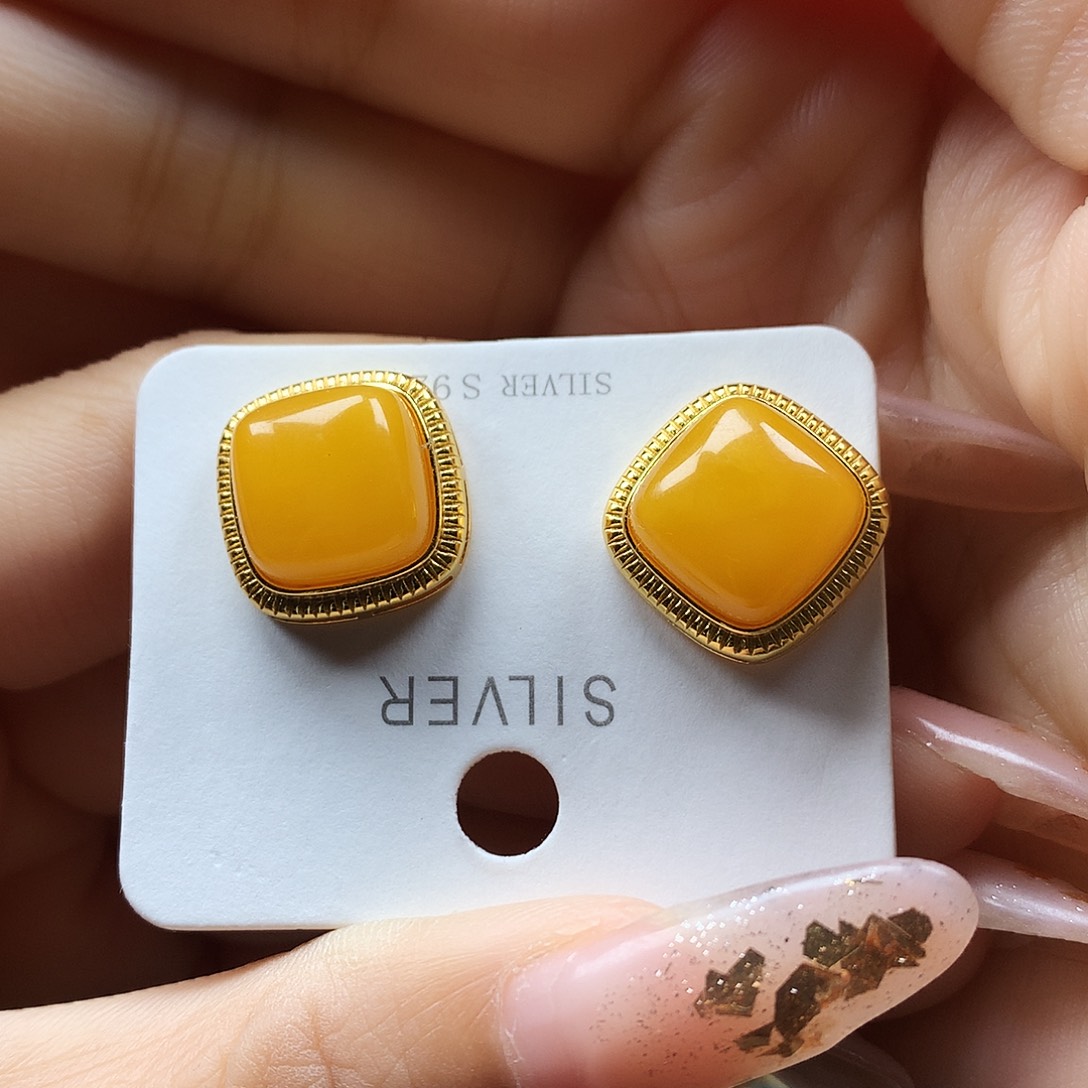 银S925镶嵌蜜蜡耳饰耳钉