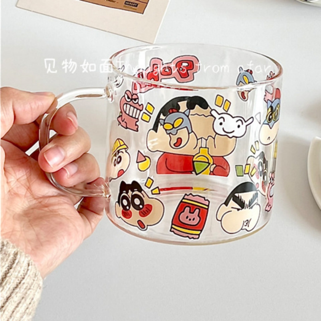 蜡笔小新高硼硅玻璃杯耐高温家用杯高颜值透明杯牛奶果汁杯